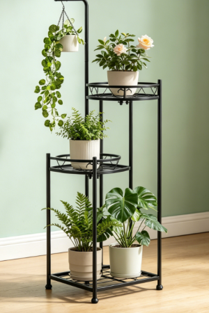 Multi-Tiered Iron Plant Stand with Hanging Hooks